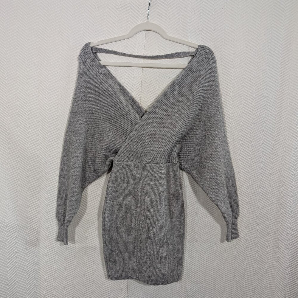 Selfie Leslie Gray Knit Sweater Mini Dress Batwing Sleeves Size Small